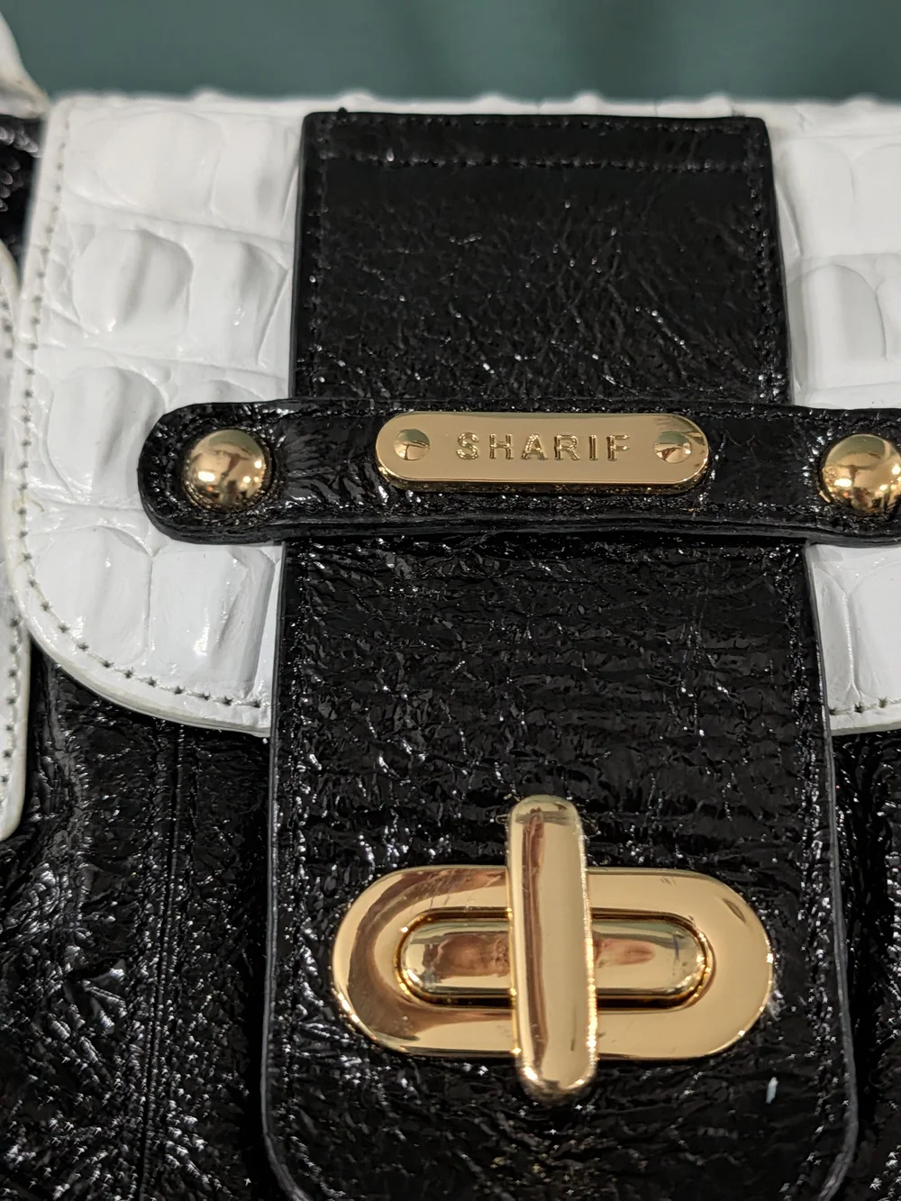 NWOT Sharif Studio Black Patent White Croc Leather Shoulder Bag + Accessory